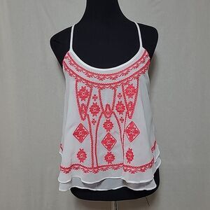 Ecote Top Medium White Pink Halter Cropped Aztec Embroidery Sheer Lined Festival